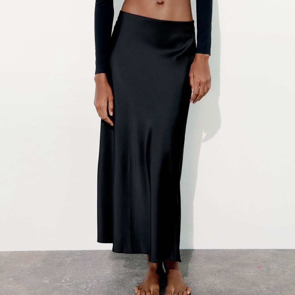Black satin midi skirt